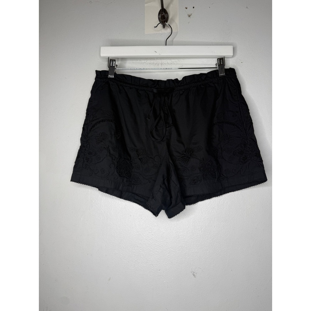 Rag & Bone Black Embroidered Cotton Shorts Elastic Waist Scallop Trim Small